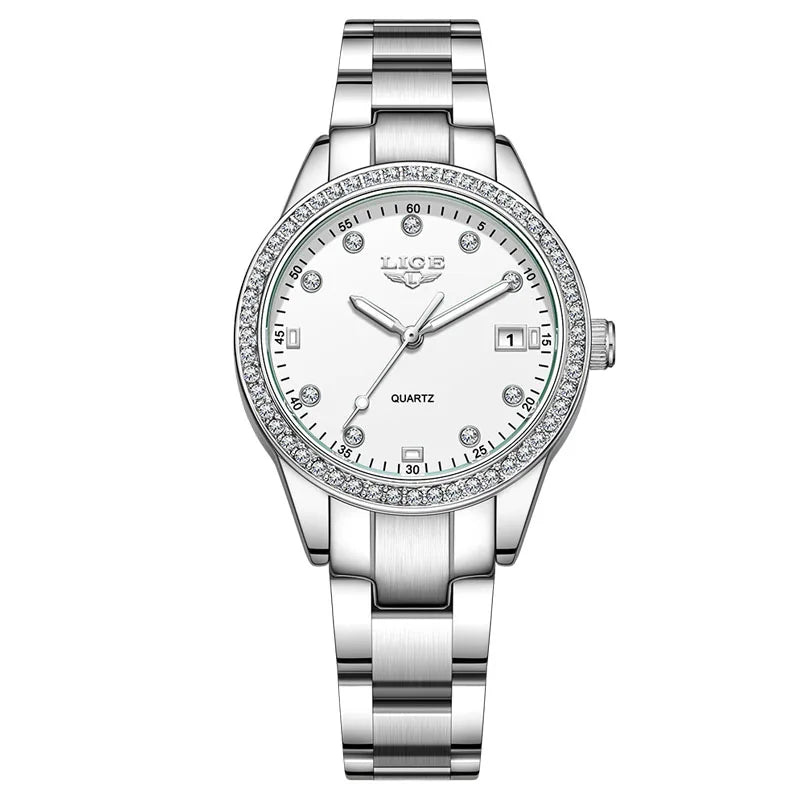 LIGE Original Diamond Dial Quartz Watch for Women Fashion Elegant Ladies Watches Stainless Steel Waterproof Women's Wristwatch