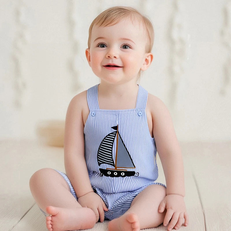 Baby Boys Sleeveless Romper with Nautical Sailboat Patch and Striped Overalls for Summer Beach Outings