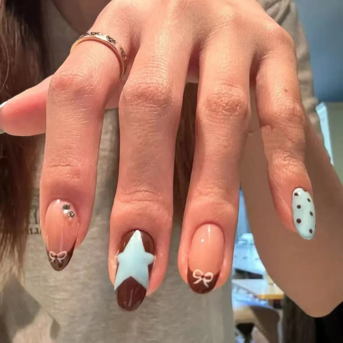10pcs Handmade French Short Press On Nails Blue Brown Polka Dot Bow Star Design Fake Nail Wearable Nail Art Tips for Girls