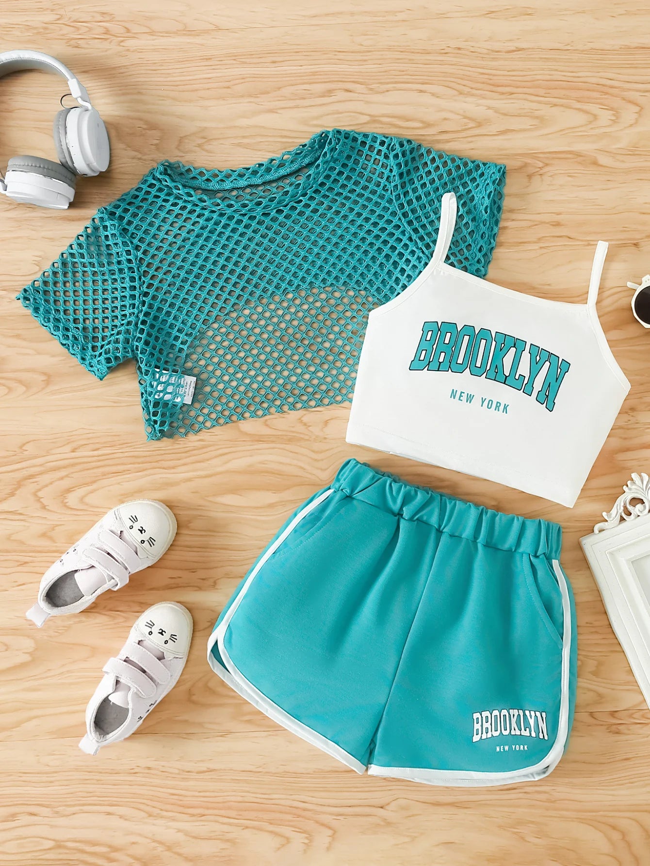 Girls Three-Piece Clothing New Breathable Summer Thin Fashion Short-Sleeved Mesh Top + Letter Printed Short Vest Suspender + Letter Printed Sports Shorts