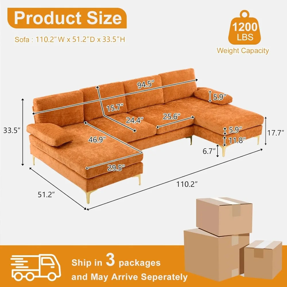 110" Sectional Couches for Living Room,U Shape Couch with Double Chaise, 4-Seat Sofa Set with Chenille Fabric for Home Furniture