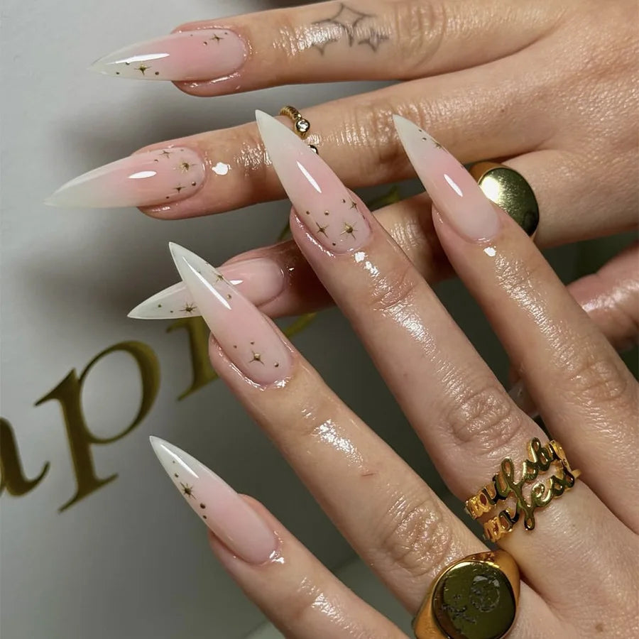 24Pc Leopard Print French False Nails Long Stiletto Press on Nails with Steel Ball Fake Nail Sweet Cool Detachable Nail Tips Art