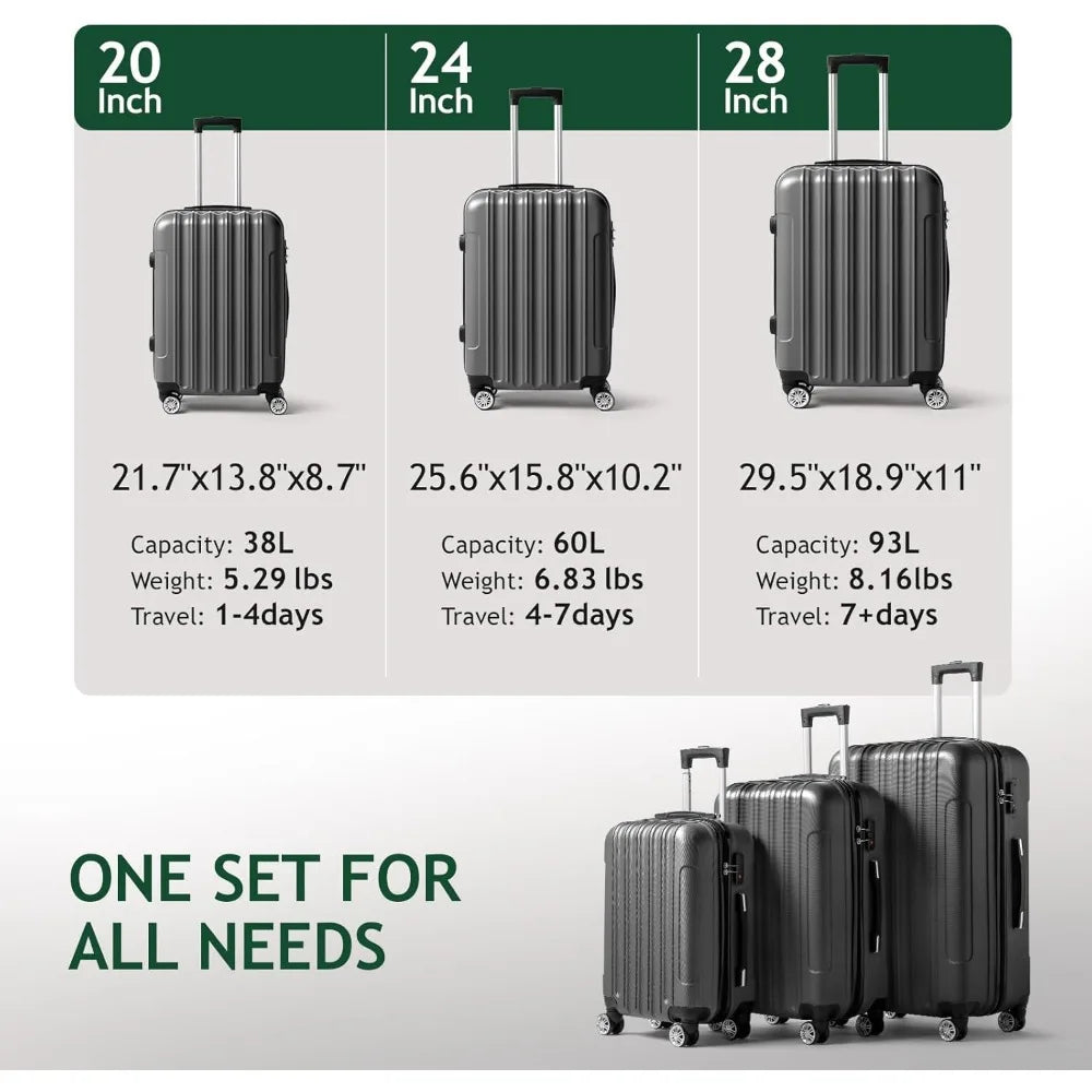 Luggage Set of 3 Hardside Carry on Suitcase Sets with Spinner Wheels & TSA lock, Portable Lightweight ABS Luggage