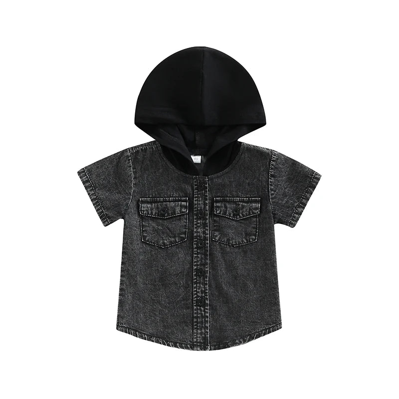 Boys Short Sleeve Hooded Shirt with Button Closure and Pockets Summer Top for Casual Daily Wear Kids Fashion Trend