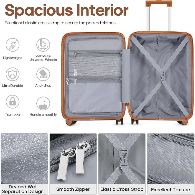 Suitcase Set 3 Piece, 20 IN Carry On Luggage with PC Hard Shell, TSA Lock Spinner Wheels Extension Handle Suitcase Set