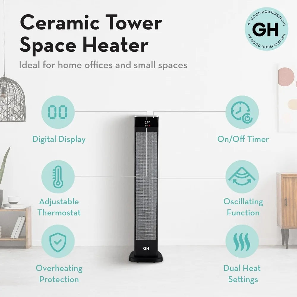 Oscillating Ceramic Tower Space Heater with Remote, 30", Black, Fast & Powerful Heating, Remote-Controlled Convenience