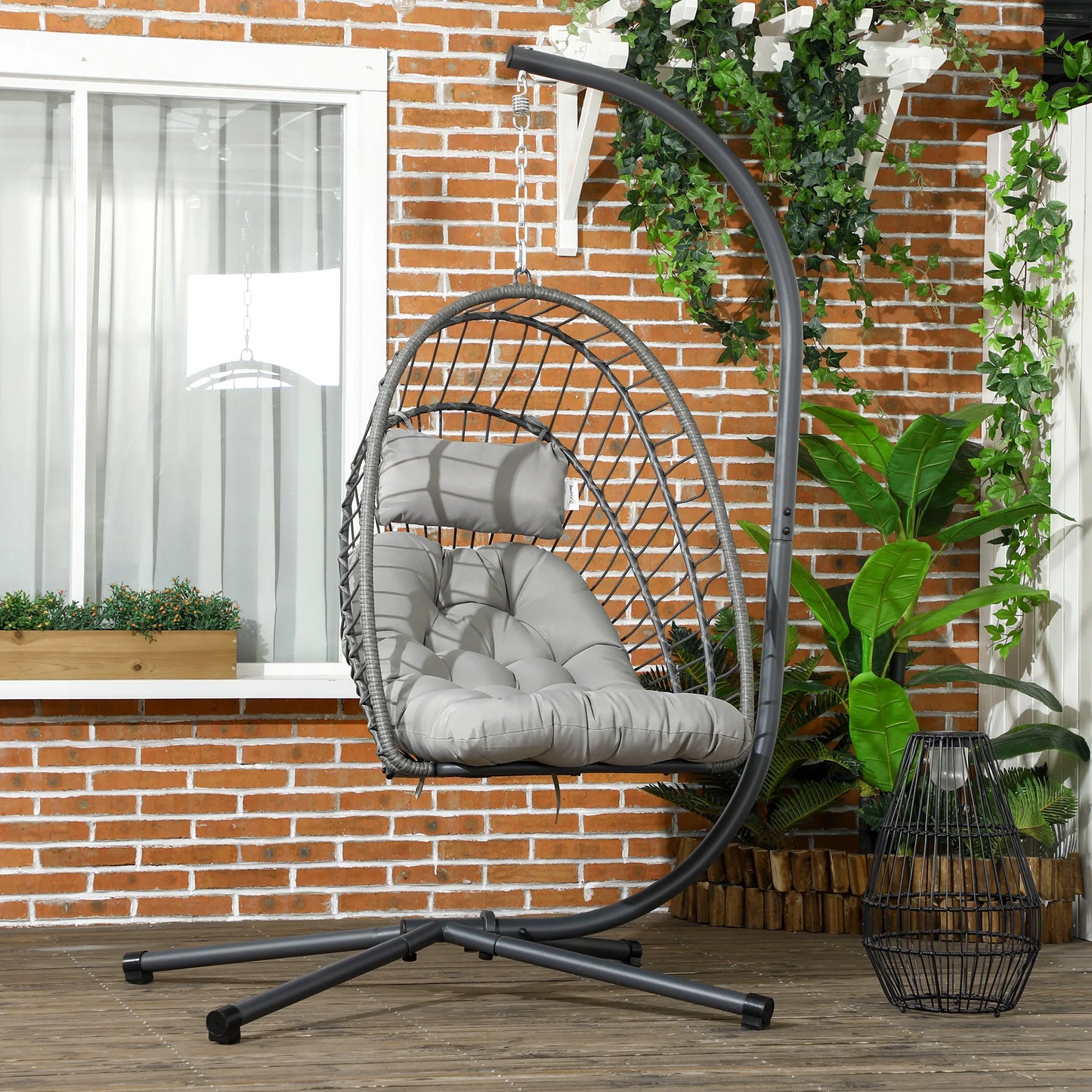 Outsunny PE Hanging Swing Chair w/ Thick Cushion, Patio Hanging Chair, Grey