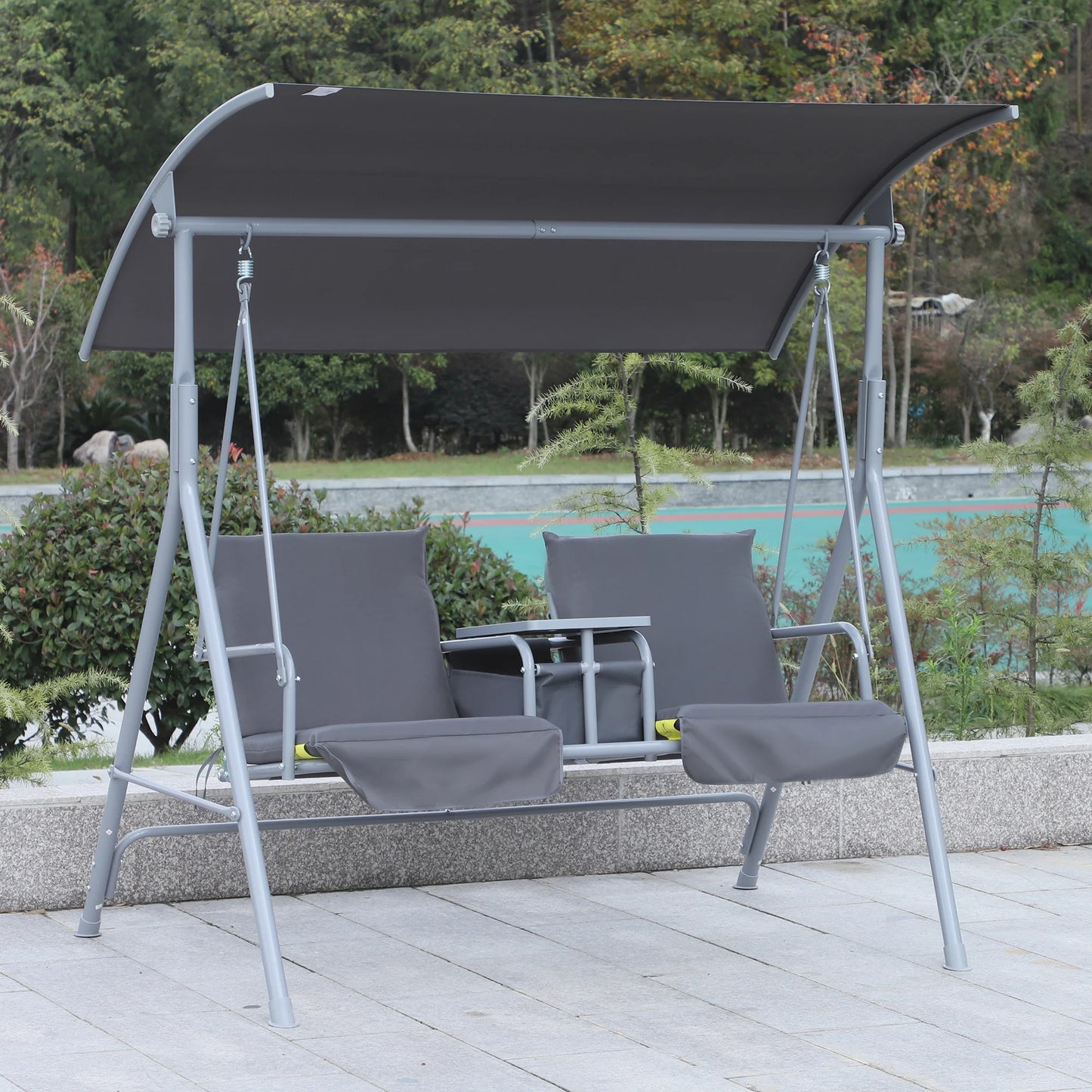 Outsunny 2 Seater Garden Swing Chair Patio Rocking Bench W/ Tilting Canopy, Double Padded Seats, Storage Bag and Tray, Grey