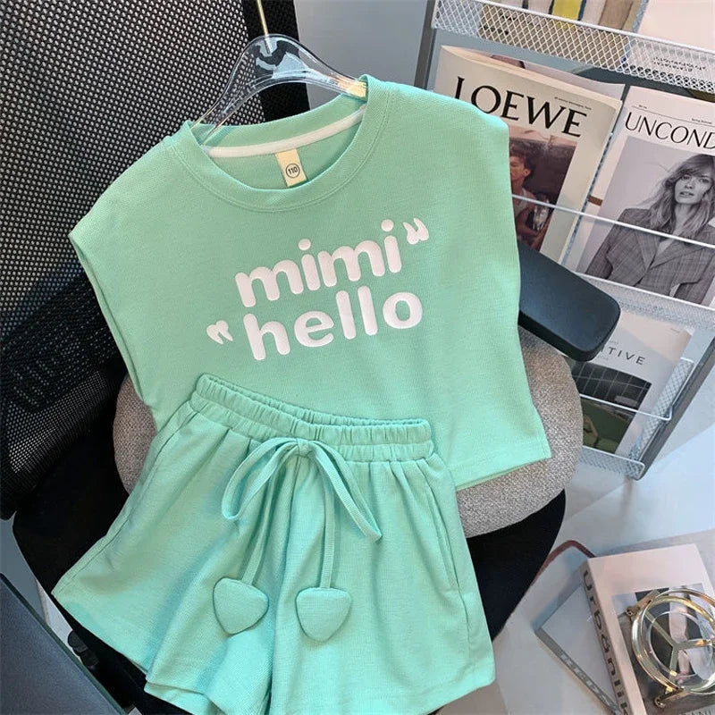 New 4 -14 Years Summer Girls Clothing Set Letter Print Sleeveless T-shirt + Heart Shorts Pants 2pcs Suit Kids Leisure Outfit