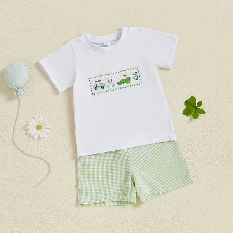 Adorable Infant Boy Golf Attire with Embroidered Tee and Elastic Waist Shorts Perfect for Summer Outings - 2 Piece Set in