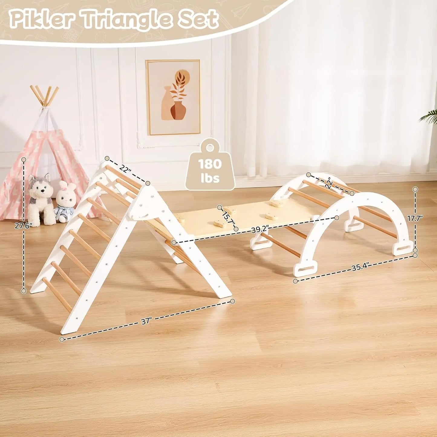 Pikler Triangle Set, Foldable Toddler Climbing Toys, Wooden Montessori Climbing Set for Kids Ages 2-8, Indoor Playground Jungle