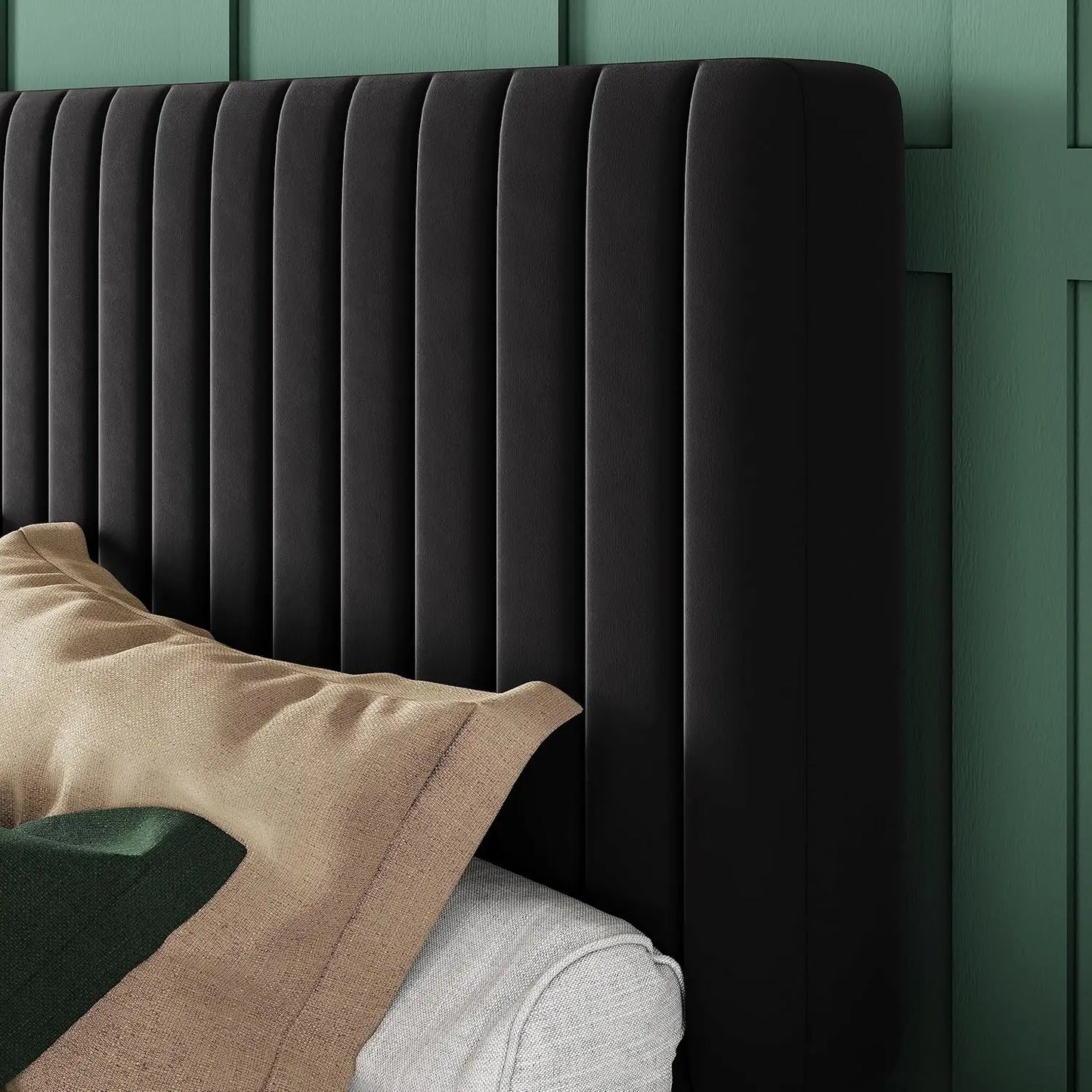 Queen Bed Frame, Velvet Upholstered Platform Bed With Vertical Channel Tufted Headboard, Mattress Foundation With Strong Wooden