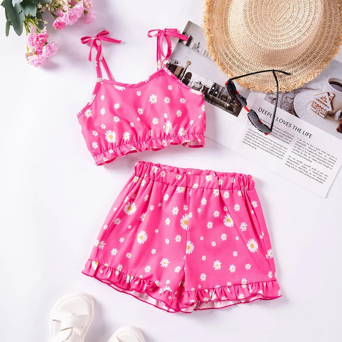 Toddler Girls Tank Top + Shorts Set Summer Floral Print 2pcs Two Colours Available for Birthday Party or Beachwear