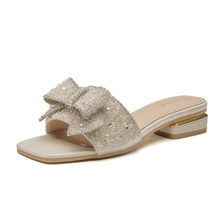 2023 New Chunky Heel Fashion Flat Ladies Rhinestone Slippers Womens Shoes Comfort Summer Peep Toe Shoes