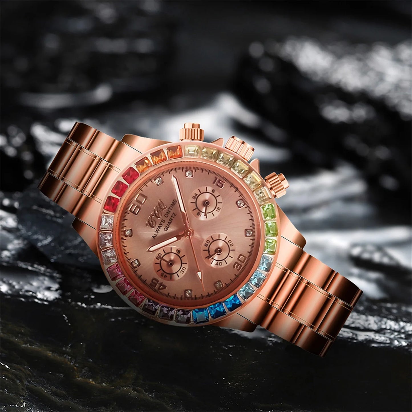 Colored Diamond Men'S Quartz Watch Stainless Steel Colored Rhinestone Men'S Watch Three-Eye Square Diamond Watch Montres Hommes