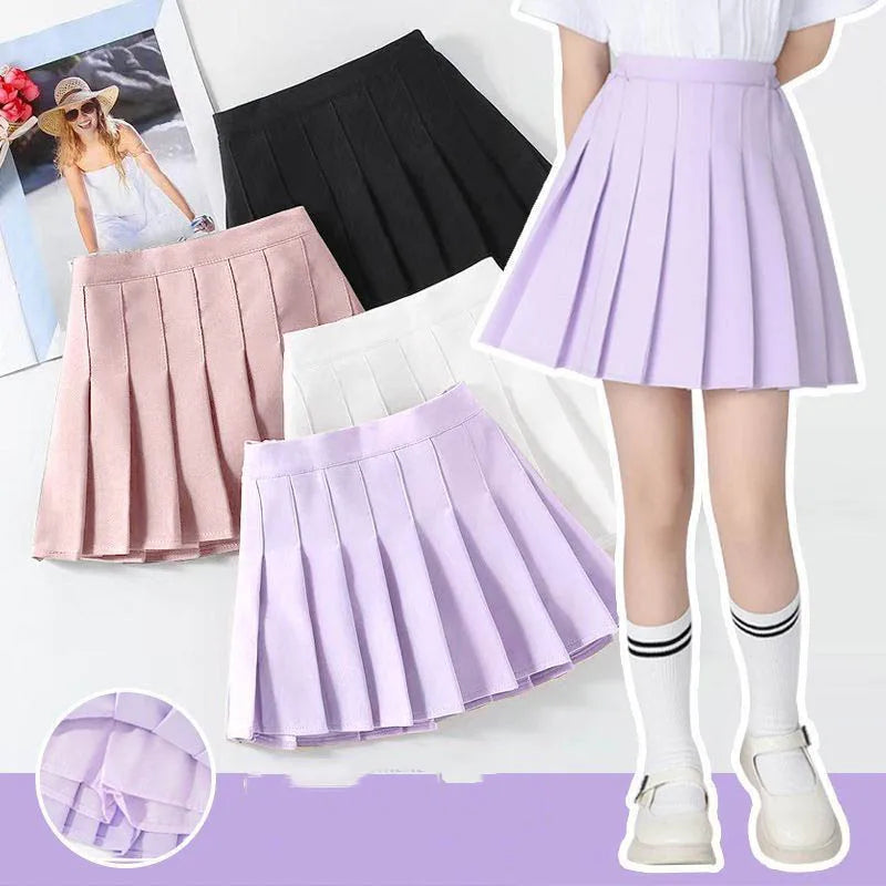 Children Kids Girls Skirts Summer New Infant Babys Girls Preppy Pleated Skirts Solid Trendy 4-14Y Junior Girls Ruched Cullottes