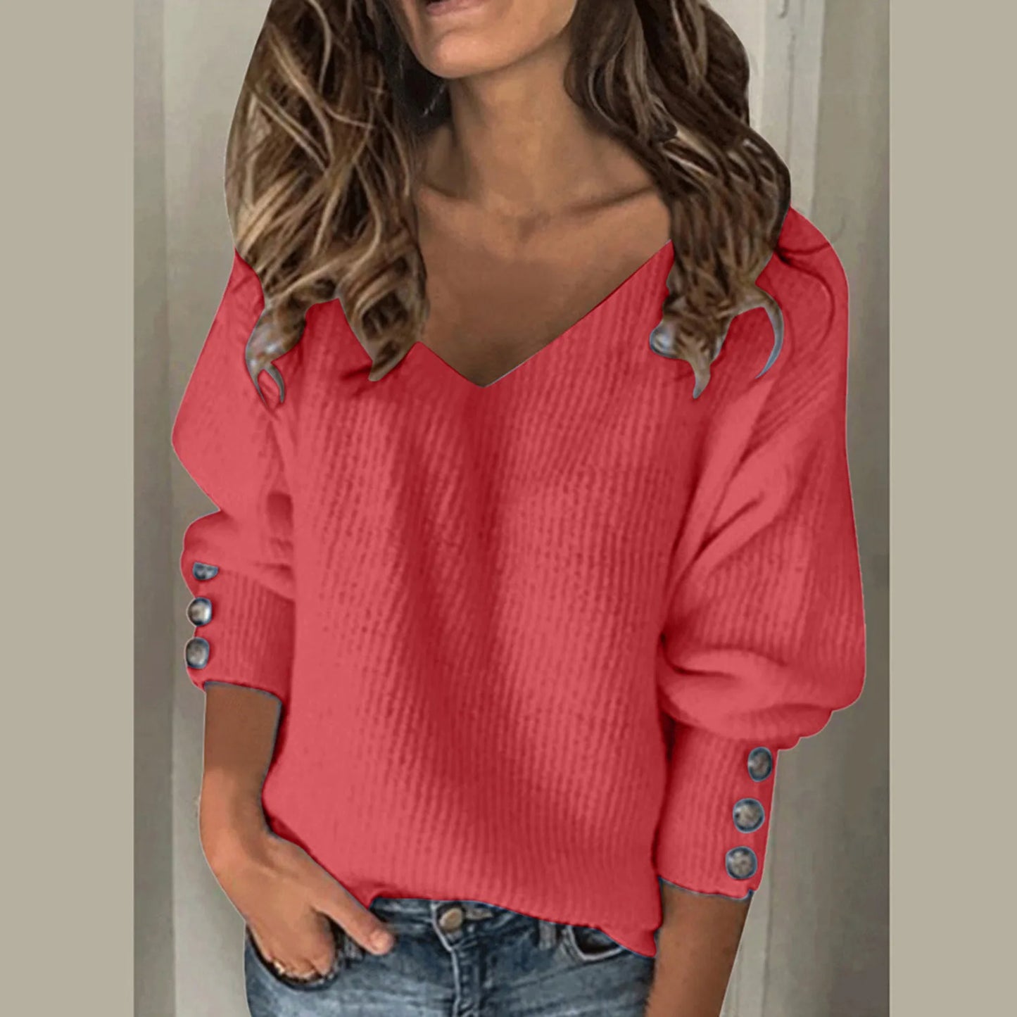 Autumn Winter Women's Knitted Pullvoers 2024 Sexy Elegance Warm Button Long Sleeve V Neck Sweater Loose Casual Commute Jumpers