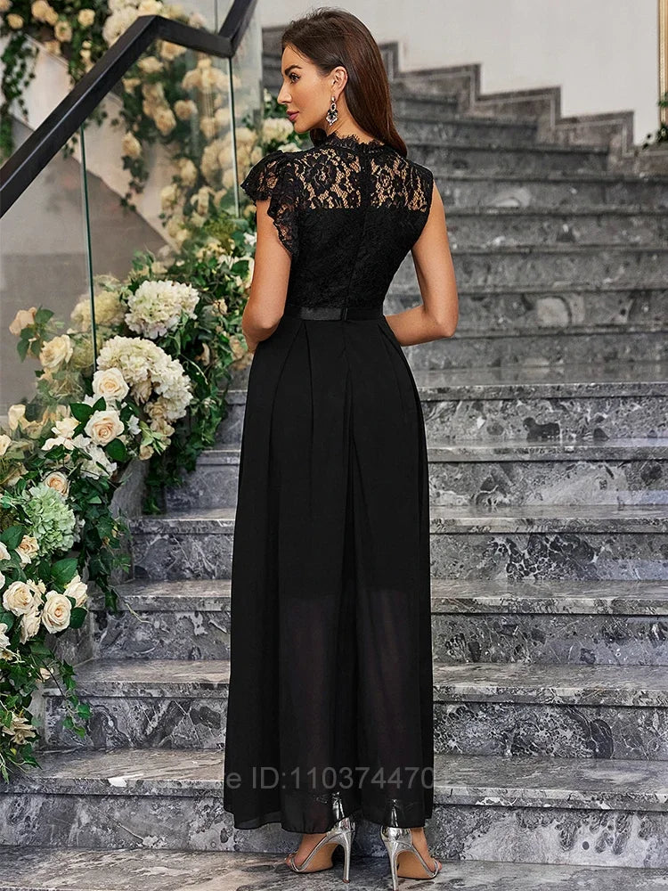 Women Evening Dresses 2024 Elegant Long Maxi Dress High Waist Round Neck Party Wedding Fashion Dress Spliced Lace Chiffon Dress