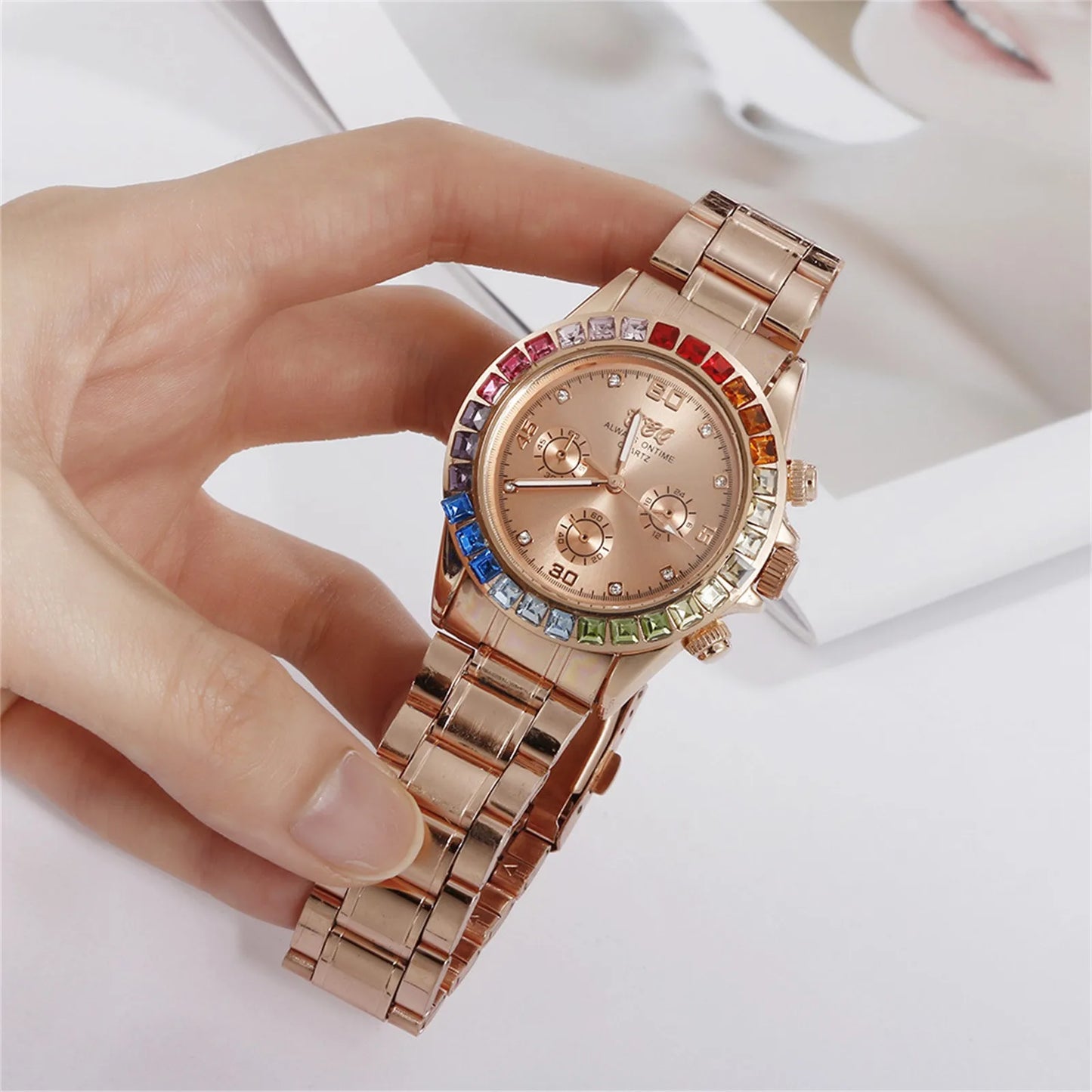 Colored Diamond Men'S Quartz Watch Stainless Steel Colored Rhinestone Men'S Watch Three-Eye Square Diamond Watch Montres Hommes