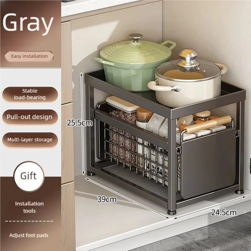 Kitchen Pull-out Basket Shelf Multifunctional Under Sink and Under Vanity Double Storage Shelf Save Space For Storage Items