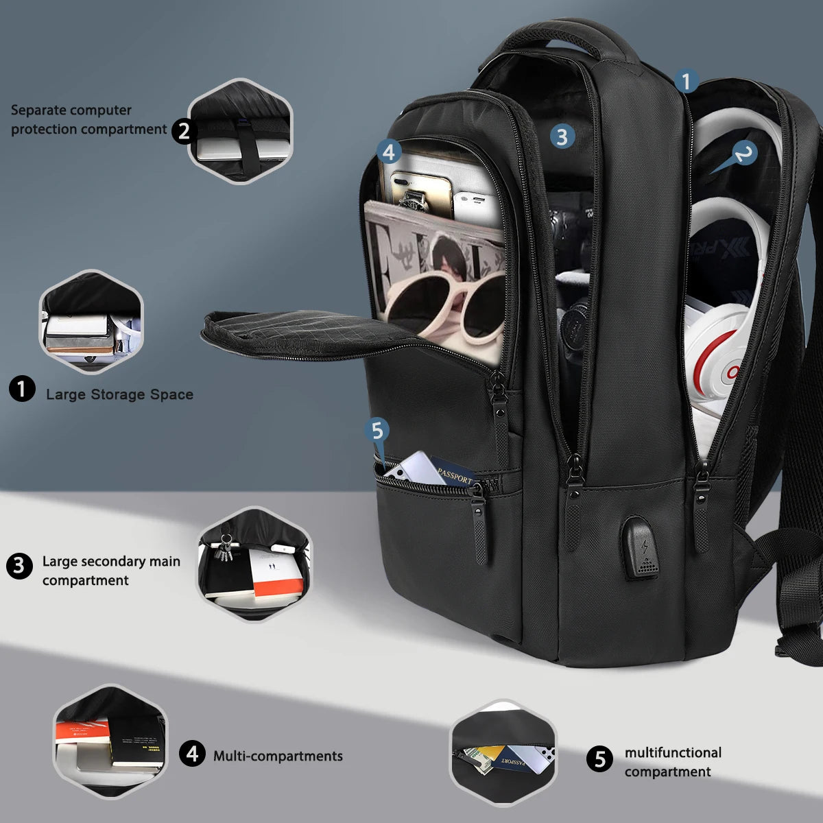 Men's Business Backpack,15.6” Laptop Backpack with USB Charger Port,Casual Large Capacity Travel College Bag