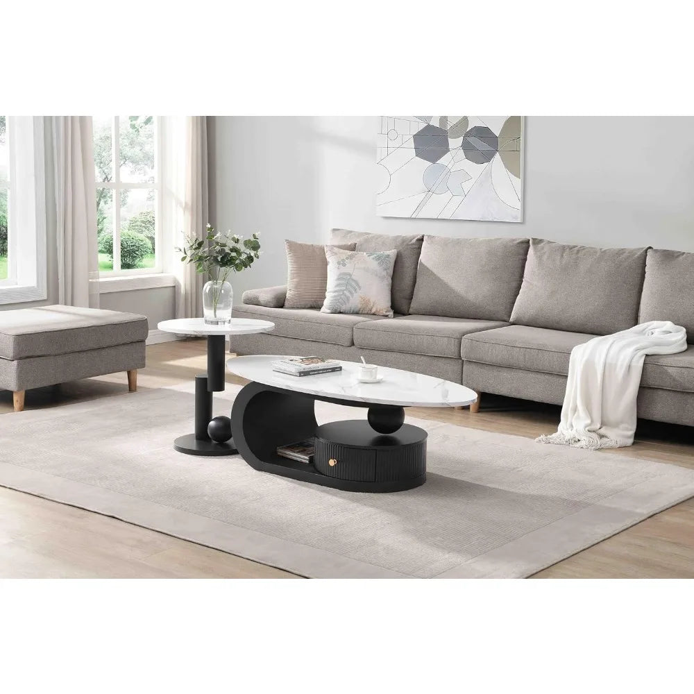 Modern Nesting Coffee Table Set of 2, 2-Piece Modern Oval Decorative Coffee Center Table with White Faux Marble Top and Black Me
