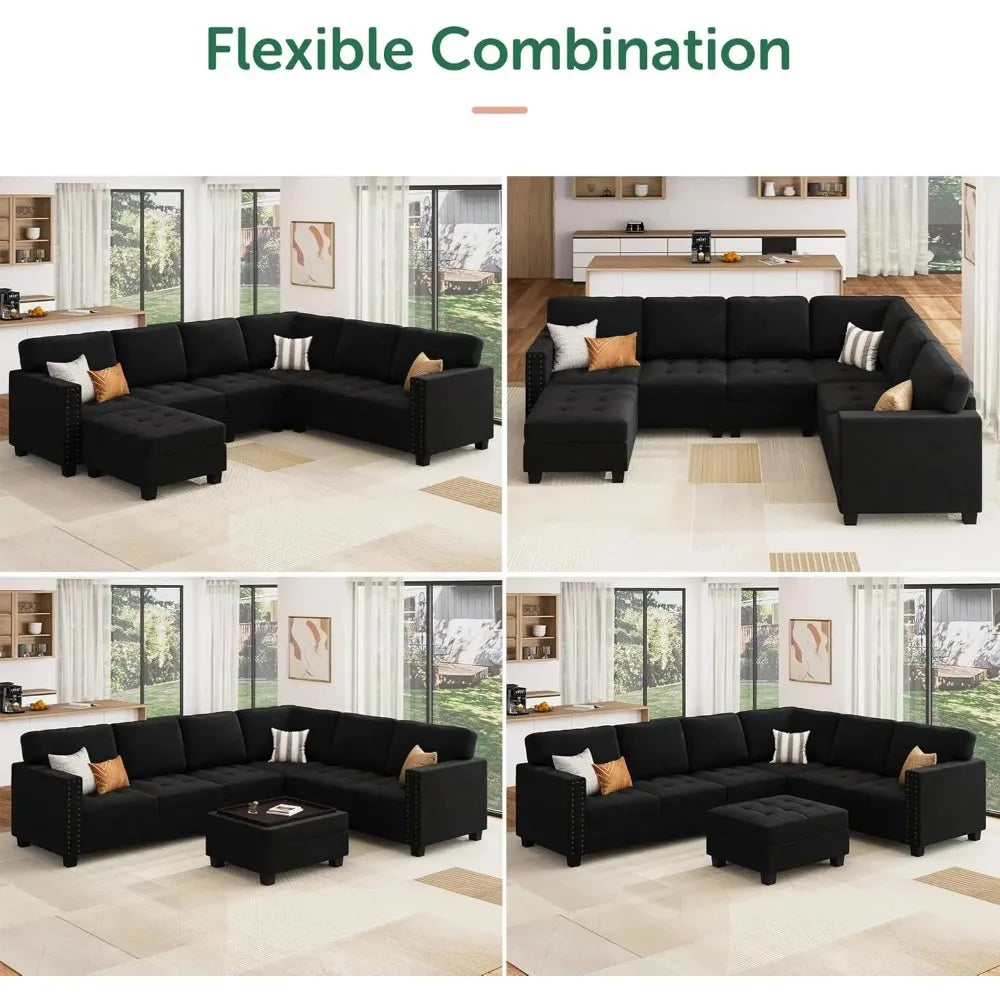 Velvet Convertible Sofa L Shaped Couch with Storage Ottoman Corner Sectional Couch with Reversible Chaise, Sofa Living Room
