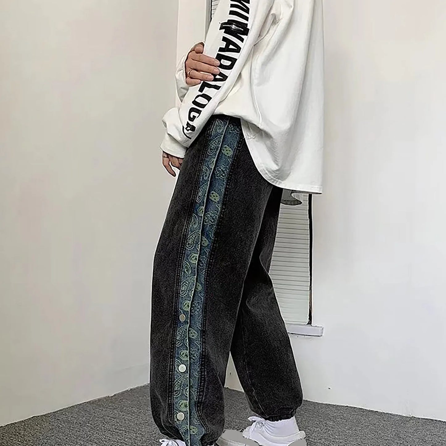 Men's Casual Jeans American Grunge High Street Pants Men Jeans Lace Up Waisted Solid Denim Trousers Wide Leg Straight Leg Pants