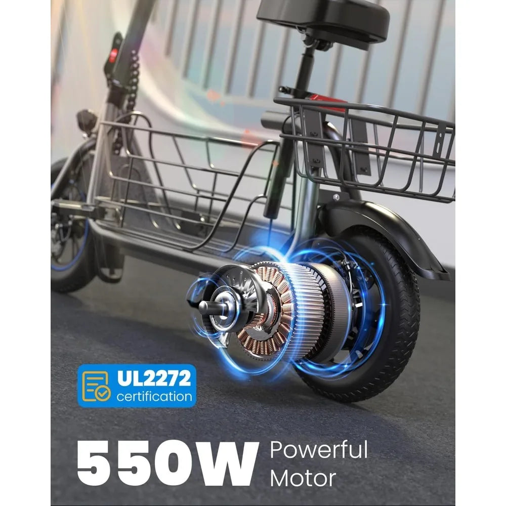 Electric Scooter with Seat for Adults, 550W Powerful Motor, 20-Mile Range, Speed up to 18.6MPH, Ample Storage for Pets & Cargo