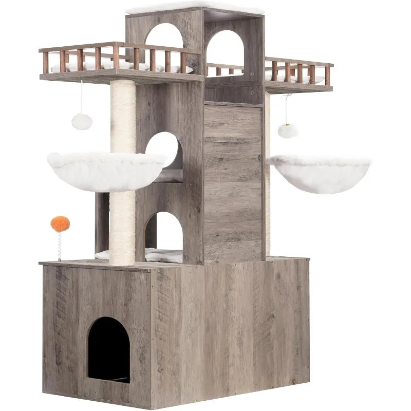 Cat Tree with Litter Box Enclosure for Indoor Big Cat Tower for Large Cats HeavyDuty Modern Cat Condo Furniture Scratching Posts