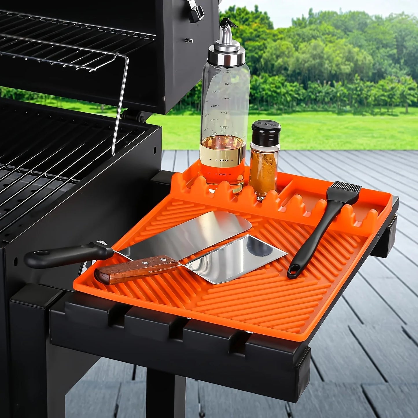 Silicone Mat for Outdoor Barbecue Kitchen Countertop, Large Silicone Shovel Mat with Drip Pad, Barbecue Tool Storage Rack