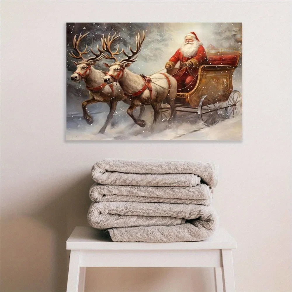 Unique Santa & Reindeer Frameless Canvas Art Print, Waterproof Classic Modern Ink Painting for Indoor Outdoor Home Office
