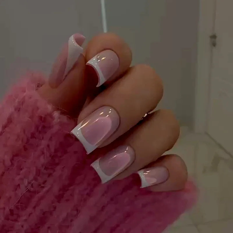 24pcs Aurora White French Press on Nails Short Sqaure Chrome Fake Nails with Glue Metallic Designs Artificial False Nail Tips