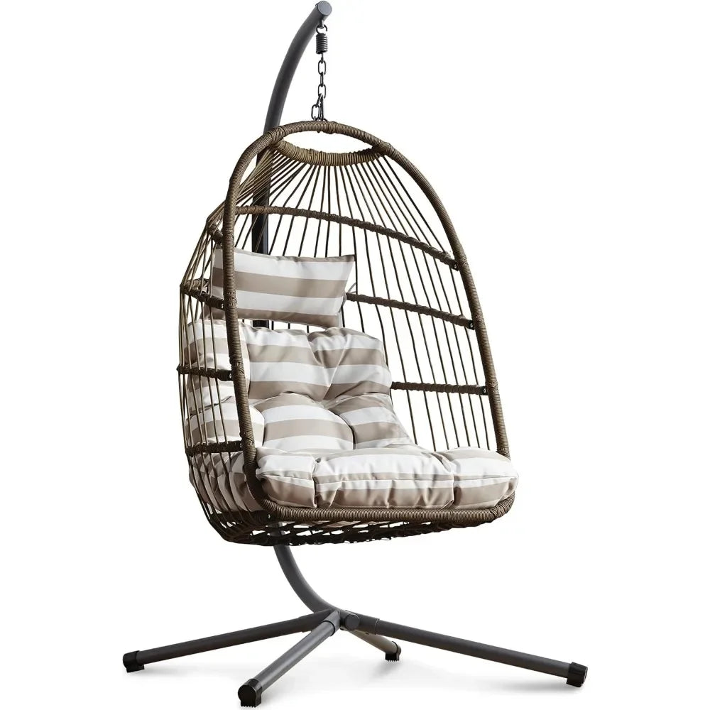 Egg Chair, Rattan Hanging with Cushion, Foldable Garden Patio Hammock Chair with Stand & Adjustable Height, Egg Chair