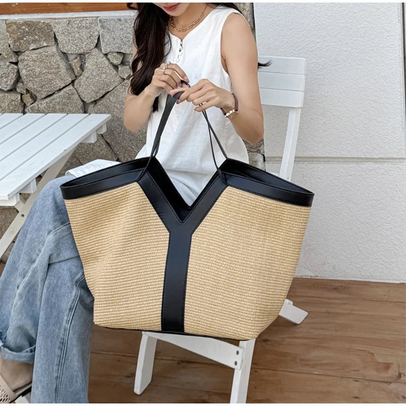 Brand Luxury Designer New Y-shaped Straw Tote Bag Large Capacity Shopping Bag Beach Bag Shoulder Underarm Bag Woven Women's Bag