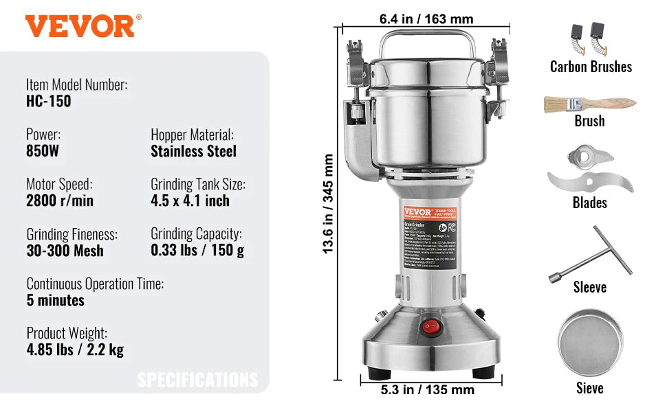 VEVOR 150-2500g Electric Grain Mill Grinder Commercial Swing Spice Grinders for Dry Herbs Grains Spices Cereals Coffee Corn