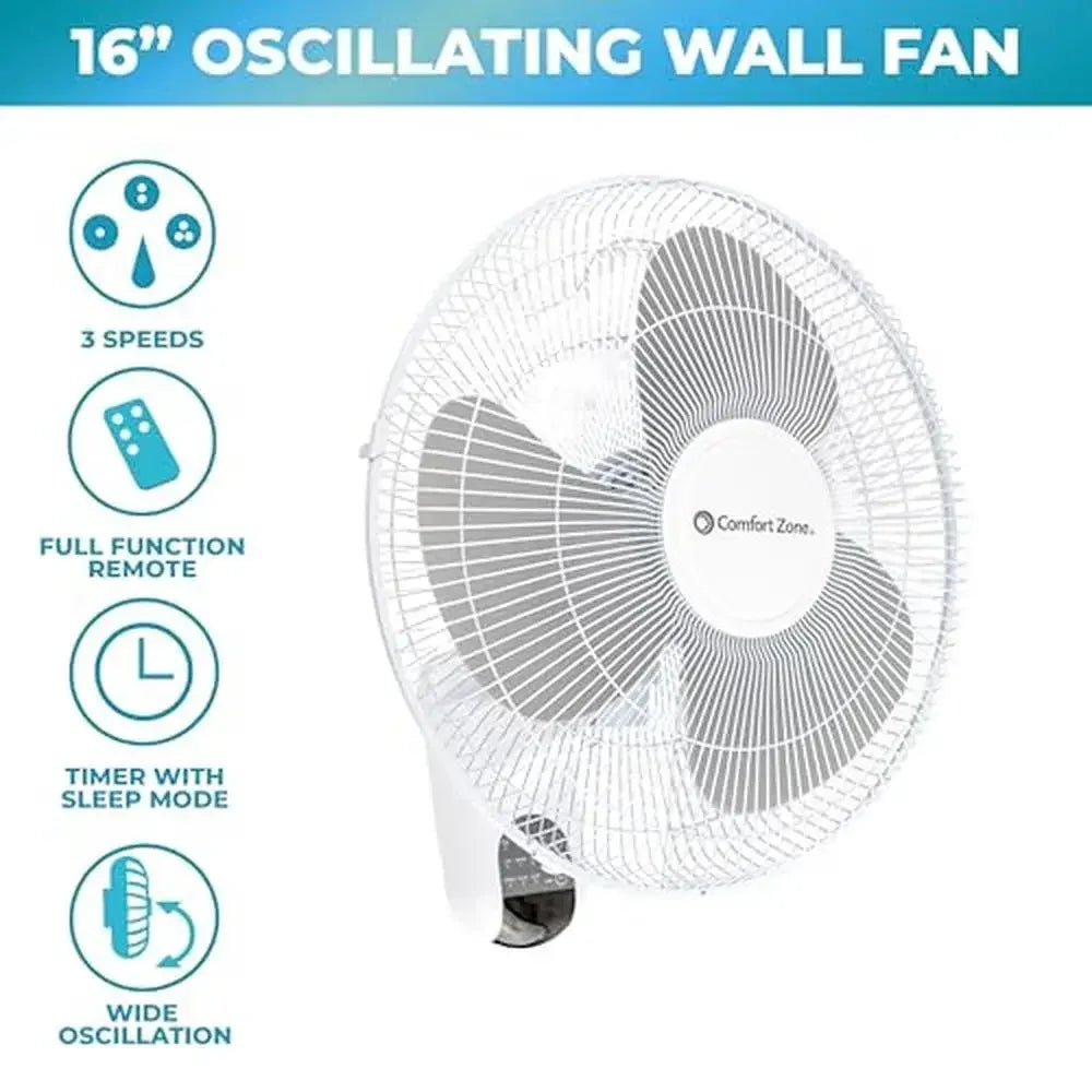 Wall Mount Fan Remote Control Oscillating Timer Quiet 16" 3-Speed Bedroom Gym Home
