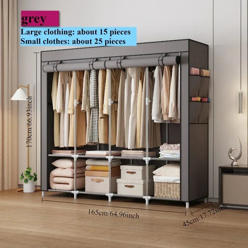 Simple Wardrobe Rental Room Fabric Cabinet Thickened All Steel Frame Wardrobe Household Bedroom Thickened Fabric Cabinet