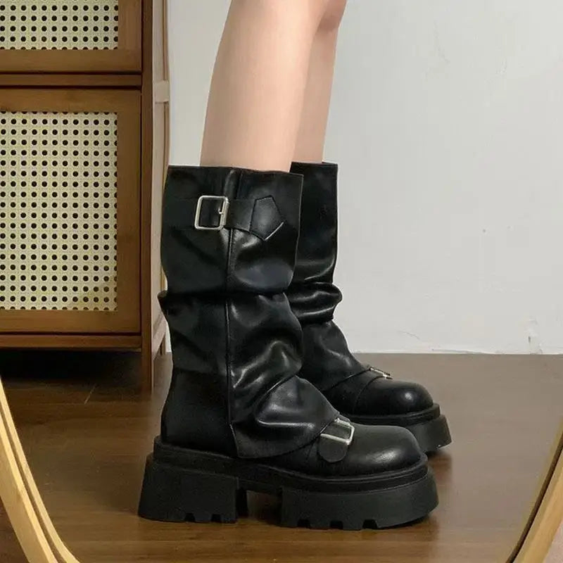 Shoes for Women Mid-Calf Women's Boots Platform Modern Boots Women Belt Buckle Square Toe Side Zip Square Heel Shoes Female