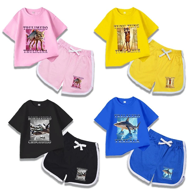 2Pcs Italian Brainrot Summer Children's Casual Set for Boys Girls Loose Short Sleeved Breathable and Comfortable Set Tracksuits
