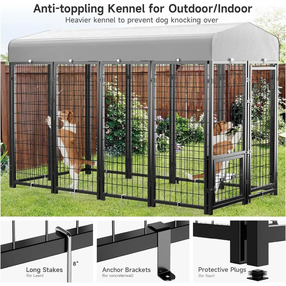 Dog Kennel Pen Outside Outdoor Dog Run with Roof, Swivel Feeders/Removable Doggy Door Allow Connecting Your Dog House- Kennel He