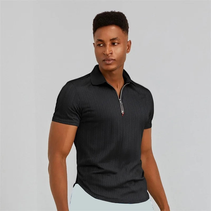Men s Short Sleeve Jacquard Turn Down Collar Zipper Casual Tops - Stylish Fit Shirts for Summer Fashion
