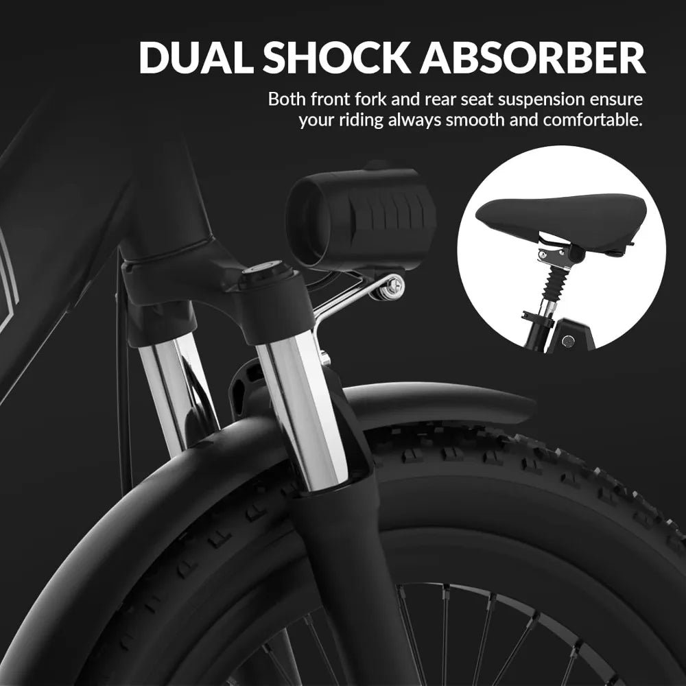 20" Fat Tire Step-Thru Electric Bicycle, 900W Peak Motor 45 Miles 20MPH Top Speed, Dual Suspension & 7-Speed Folding Ebike