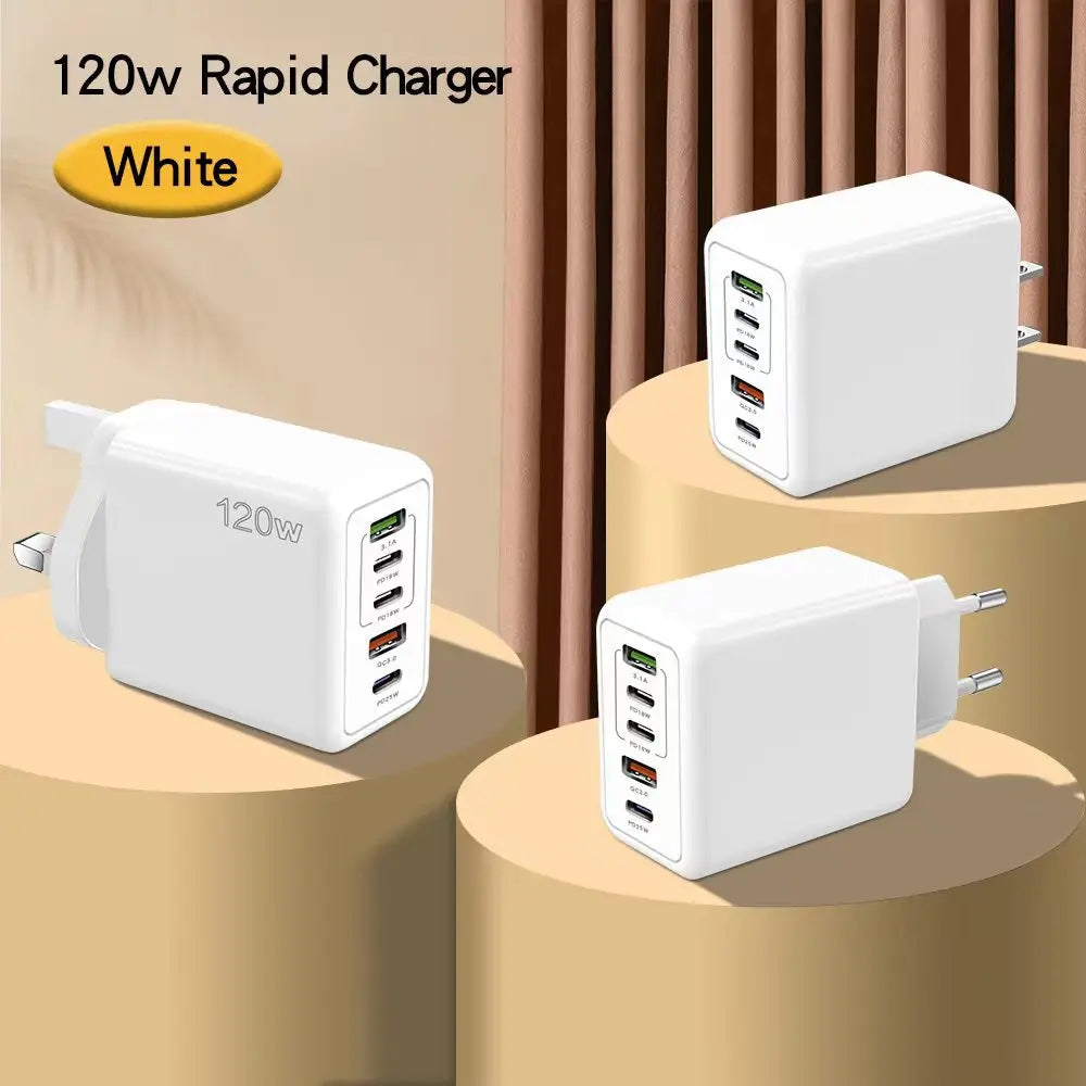 120W 5 in 1 2 USB 3 Type C Quick Charging Fast Wall Charger For iPhone Samsung Xiaomi Huawei Oppo Mobile Phone Adapter