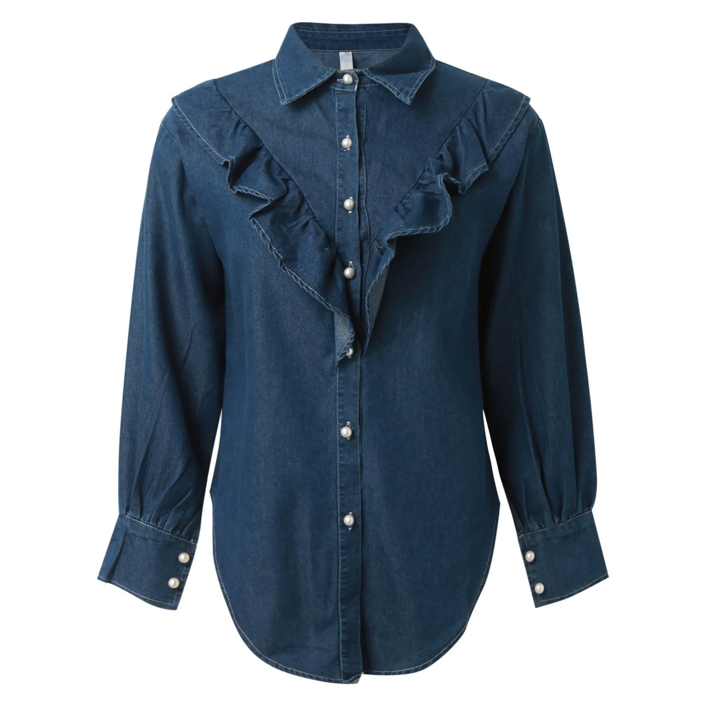 Women'S Casual Sweet Ruffled Denim Shirt Loose Thin Long-Sleeved Blouse Jacket Korean Style Y2k Ruffles Neck Vintage Denim Shirt