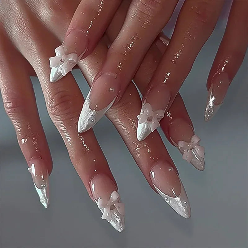 24Pc Leopard Print French False Nails Long Stiletto Press on Nails with Steel Ball Fake Nail Sweet Cool Detachable Nail Tips Art