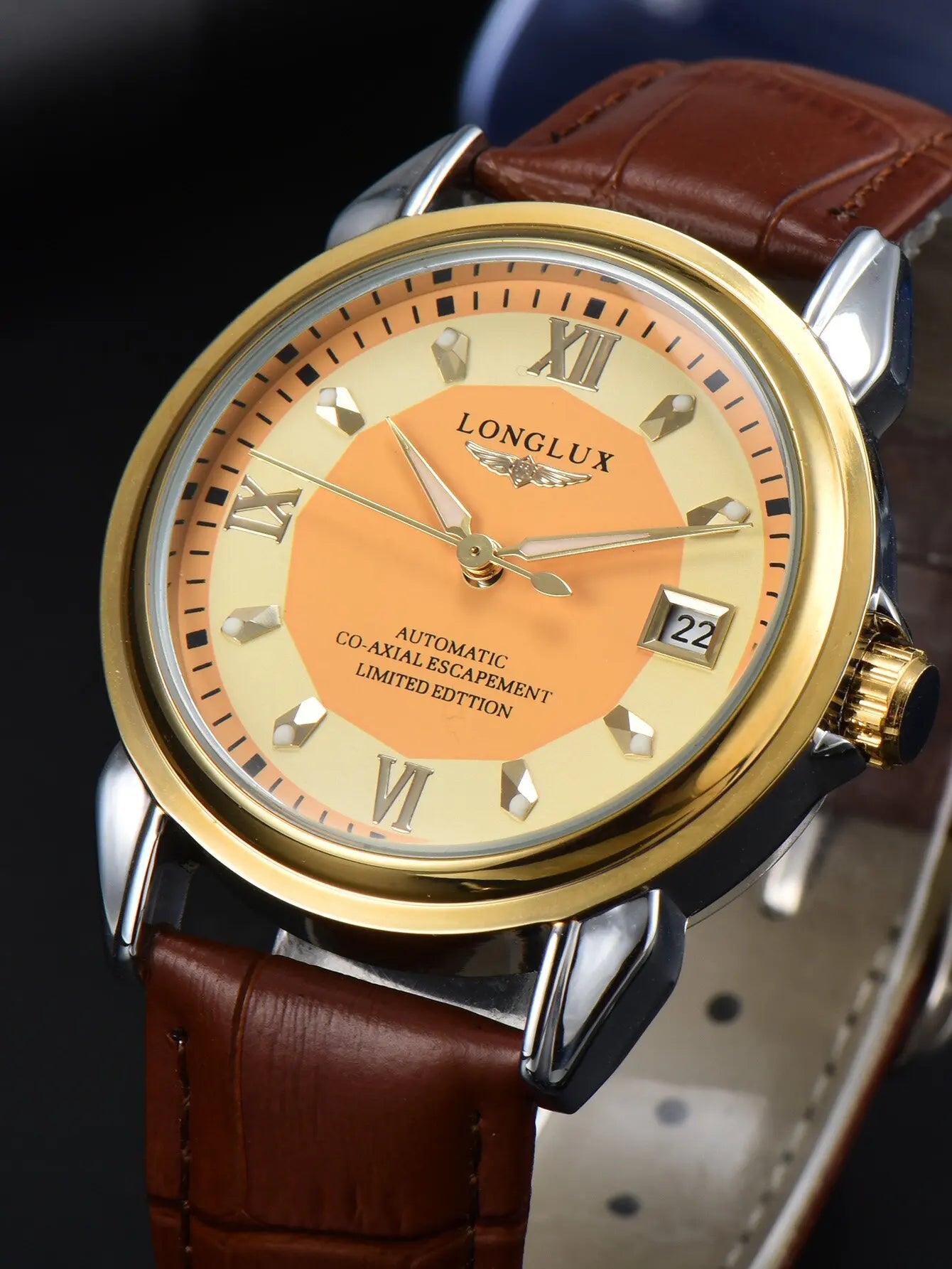 LONGLUX automatic man watch business leisure dating mechanical wristwatches day date waterproof leather mens watch men gift