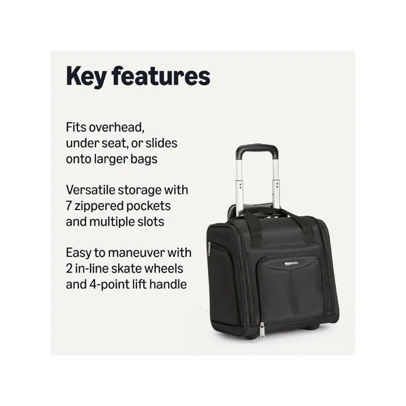 Underseat Carry-On Luggage With Wheels, 14-inch Rolling Travel Bag, Black