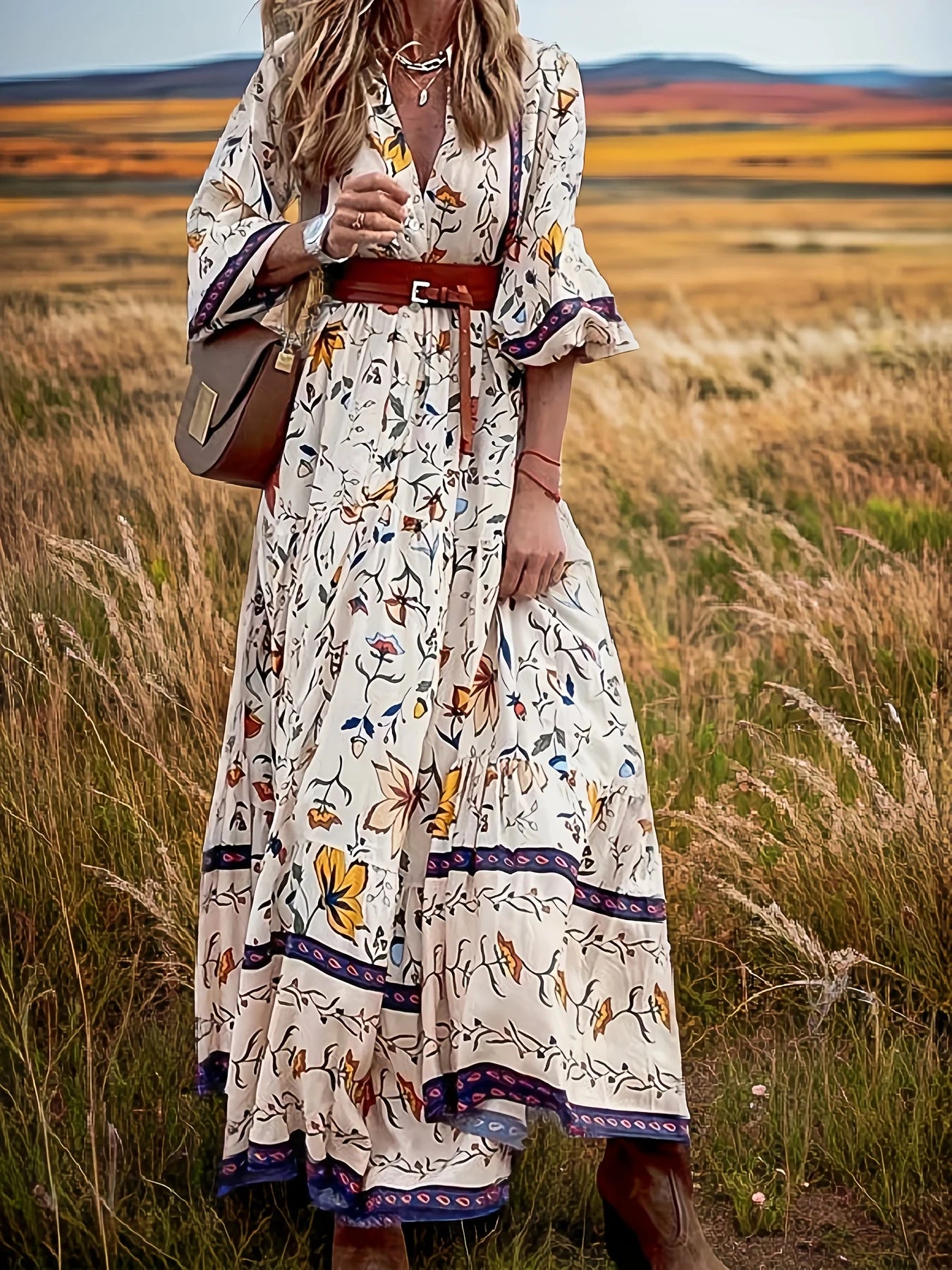 Boho Floral V Neck Dress - Women's 3/4 Sleeve Polyester Maxi Dress Casual Beach Cover Up Summer Vacation Outfit