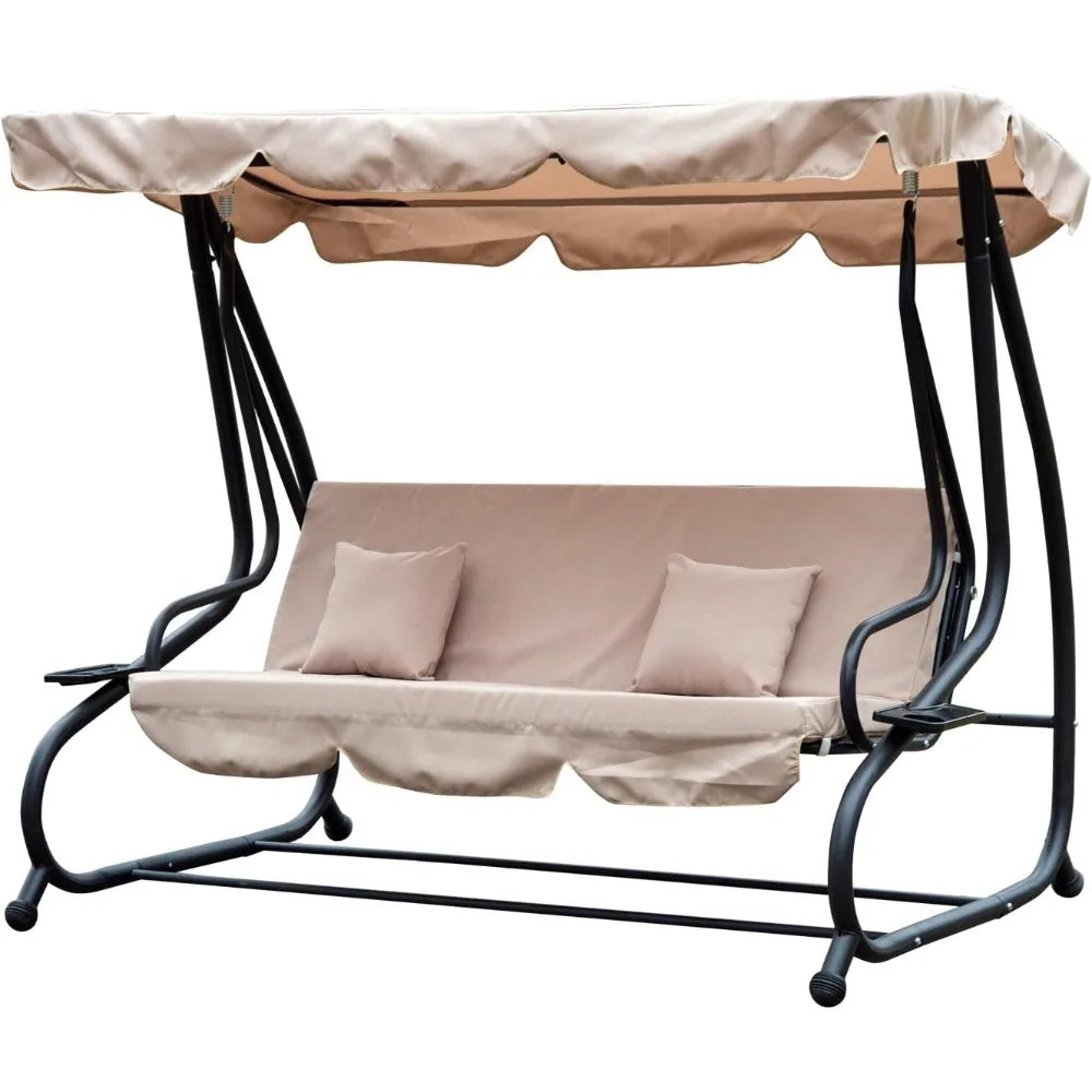 Garden Swing Chair, 2-in-1 3 Seater Convertible Swing Chair with Tilting Canopy, Cushioned Seat and 2 Pillows, Patio Swing Bench
